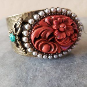 Bronze Cuff Bracelet with coral flower